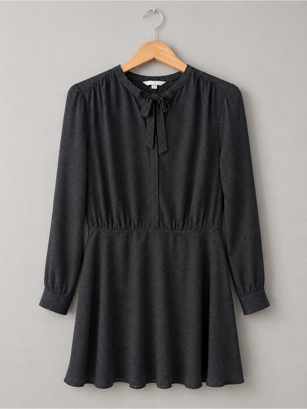 H&M Black White Polka Dot Tie Neck Long Sleeve Dress Women’s L Flowy Mini Midi